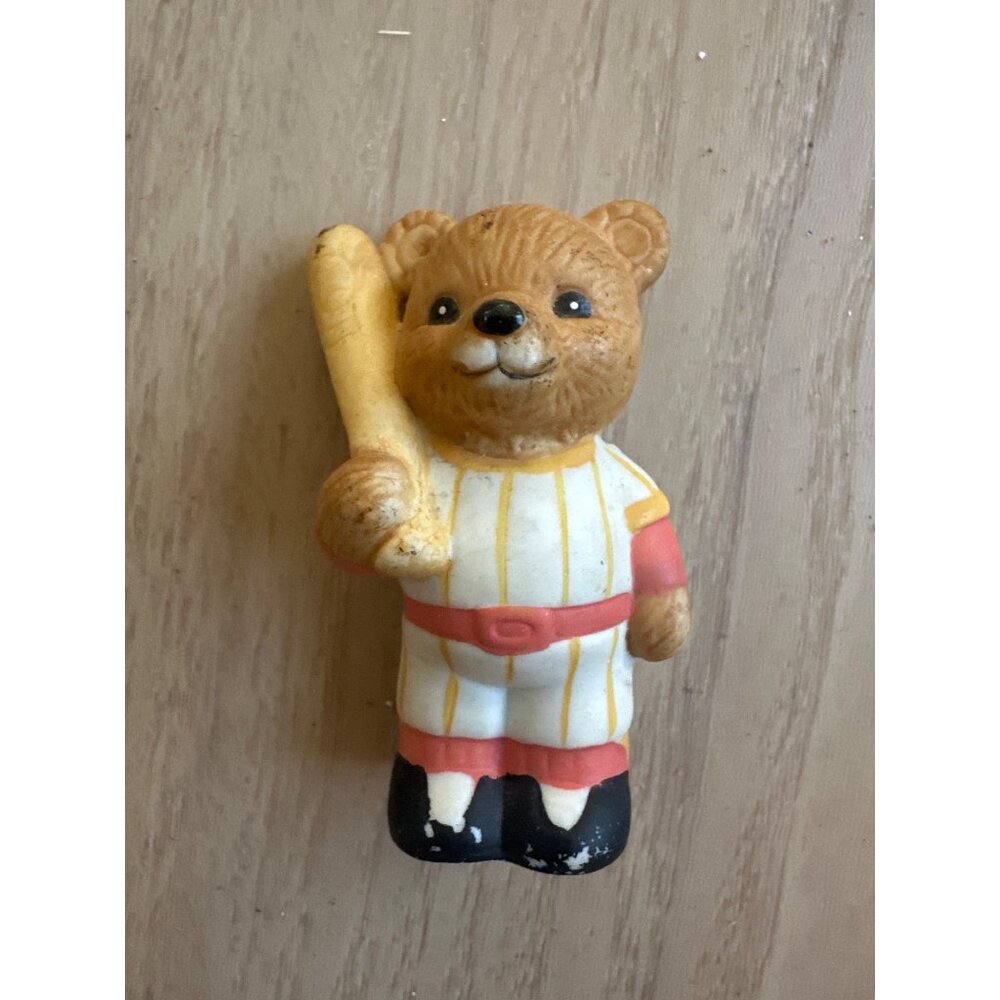 Vintage Baseball Bear Figurine Holding Bat 3.5" Tall HOMCO Home Interiors